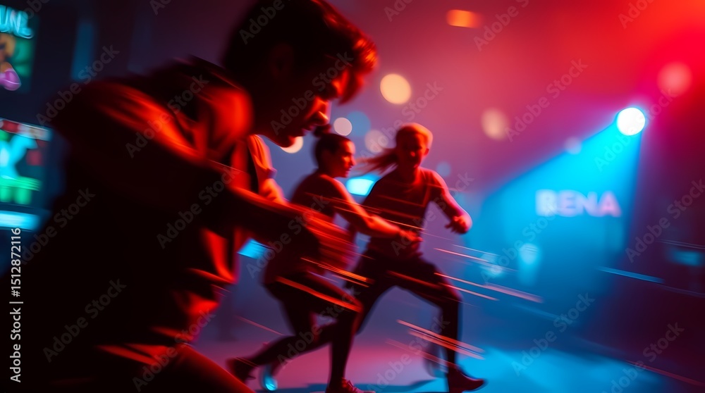 Fototapeta premium Three blurred figures in red and black clothing dance intensely in a dimly lit room, with blue and red lighting illuminating the scene
