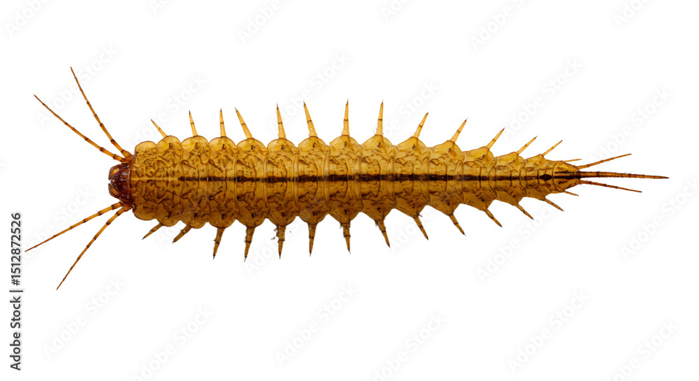 Obraz premium Detailed Dorsal View of a Spiked Segmented YellowishBrown Beetle Larva