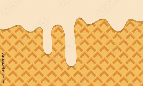 Melted vanilla ice cream drop on ice cream cone texture background. Сream melted on waffle background. Seamless pattern sweet ice cream flowing down on cone. 