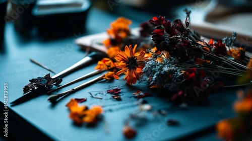 Dried flowers and paintbrushes on a dark surface.  Colorful autumnal blooms, petals, and artist's tools scattered on a textured dark-toned table