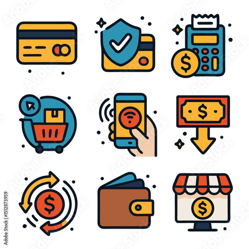 Icons representing online shopping and payment methods. Suitable for websites, apps, brochures, and social media posts related to ecommerce.