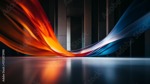 Dynamic flowing fabrics in vibrant colors within a modern, minimalist space