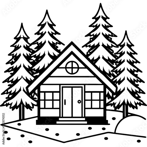 Snowy Cabin in the Woods – Vector on White