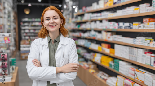 Smiling female pharmacist with arms crossed standing in a drugstore with shelves full of medication