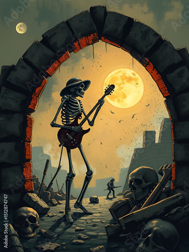 The Skeleton's Serenade A Haunting Melody Amidst Ruins and Relics of War