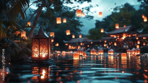 Floating lanterns on water,  lush jungle setting at night.  Warm light, tranquil scene