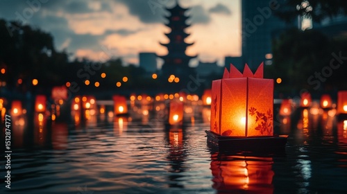 Floating lanterns on water, reflecting sunset light, with pagoda in background