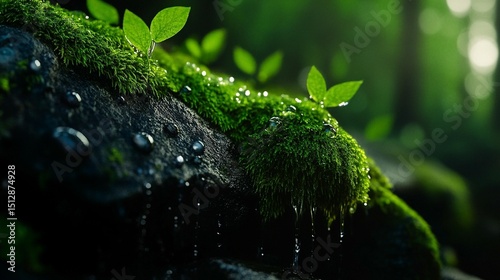 Fresh moss-covered rock with water droplets and new growth