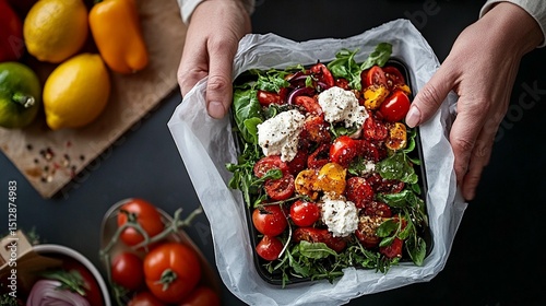 Fresh, vibrant salad of colorful cherry tomatoes, mozzarella, and arugula, held in hands