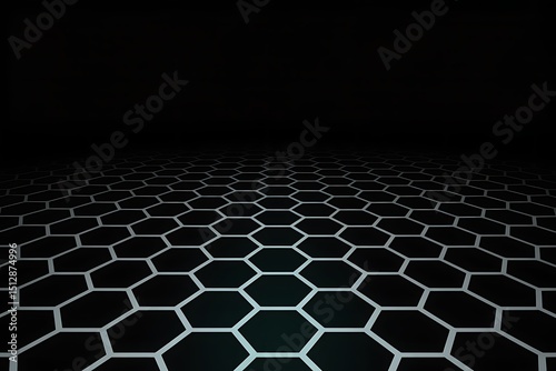 Black geometrical pattern with hexagon texture illuminating in perspective