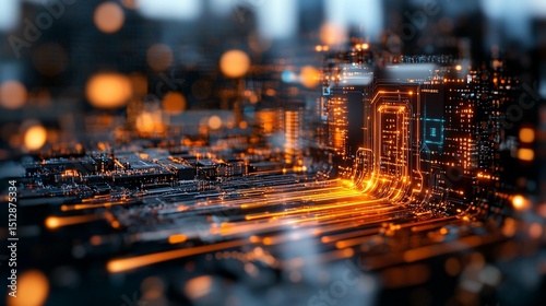 Futuristic circuit board with glowing orange pathways, intricate details, and city lights in the background