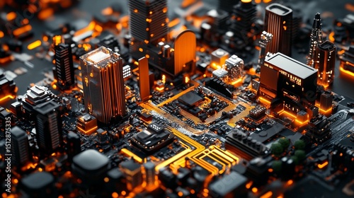 Futuristic city built on a complex circuit board, with glowing components and skyscrapers