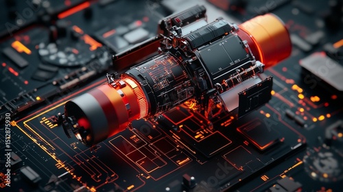 Futuristic engine on a complex circuit board, showcasing intricate internal mechanisms and glowing components