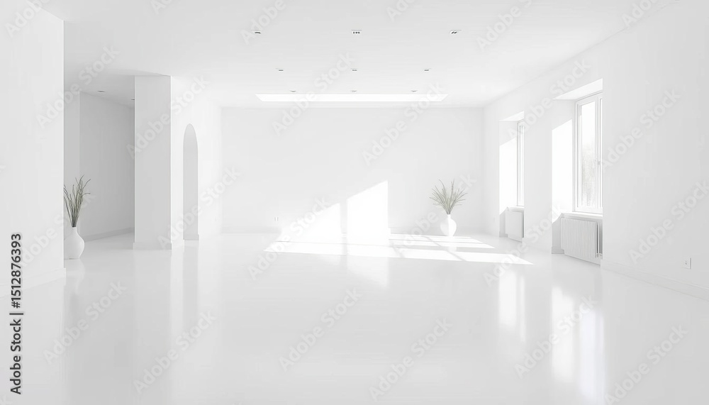 Fototapeta premium Minimalist white room, Scandinavian interior, empty space, clean lines, bright lighting, template, concept