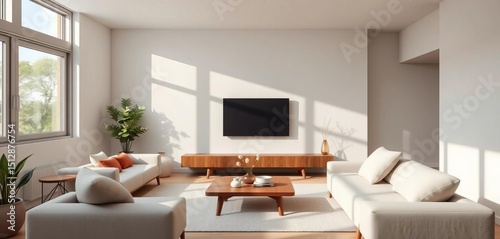 Neutral-toned Japandi living room, minimalist sofa, natural light,   Japanese style,  neutral