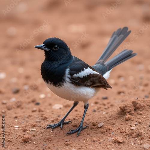 Willy wagtail on red soil background