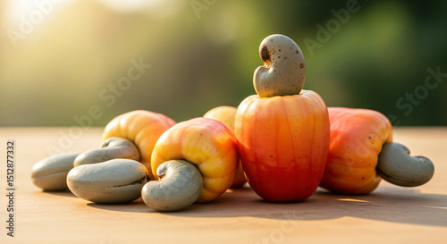 Several cashew apples with their attached cashew nuts. The apples are orange to yellow in color, with a smooth and glossy appearance, while the cashew nuts are grayish and attached at the top.