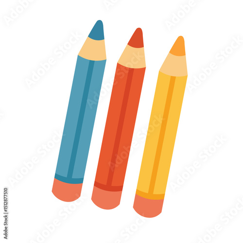 Cartoon colored pencils in blue, red and yellow. Flat vector illustration of cute stationery tools for drawing.