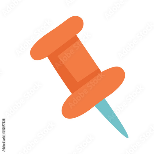 Cartoon push pin with orange top and blue point. Flat vector illustration of office or board accessory.