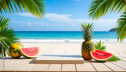 Frontal View of Summer Seaside Scene with Coconut Leaves and Tropical Fruits – Exotic Beach Vibes and Natural Summer Aesthetics