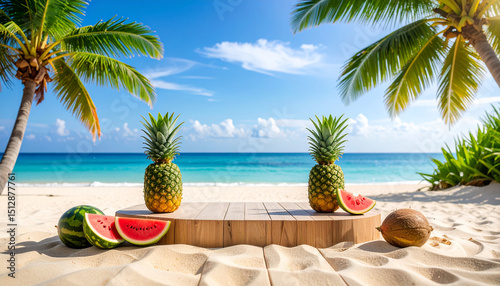 Frontal View of Summer Seaside Scene with Coconut Leaves and Tropical Fruits – Exotic Beach Vibes and Natural Summer Aesthetics