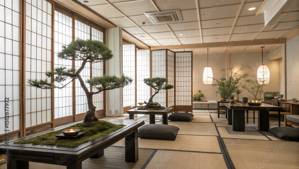 Fototapeta premium Interior of a room with tatami mats bonsai trees and shoji screens