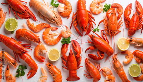 Seamless Pattern of Shrimp, Crab, and Lobster – Hand-Drawn Seafood Illustration in Nautical Marine Style, Perfect for Fabric, Packaging, and Summer-Themed Design