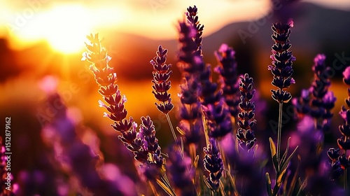 Lavender field at sunset, vibrant purple flowers bathed in golden light
