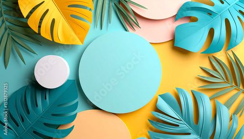 Tropical Summer Abstract Background – Colorful Geometric Shapes and Green Palm Leaves in Modern Minimal Design, Perfect for Seasonal Banners, Posters, and Invitations