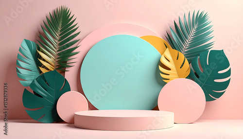 Tropical Summer Abstract Background – Colorful Geometric Shapes and Green Palm Leaves in Modern Minimal Design, Perfect for Seasonal Banners, Posters, and Invitations