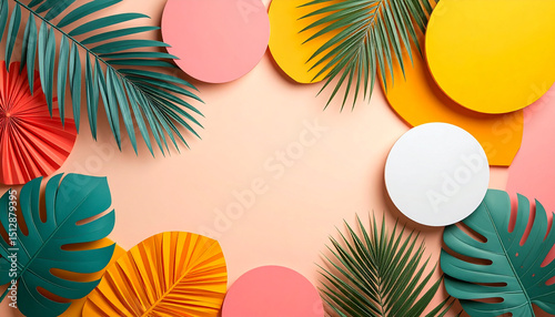 Tropical Summer Abstract Background – Colorful Geometric Shapes and Green Palm Leaves in Modern Minimal Design, Perfect for Seasonal Banners, Posters, and Invitations