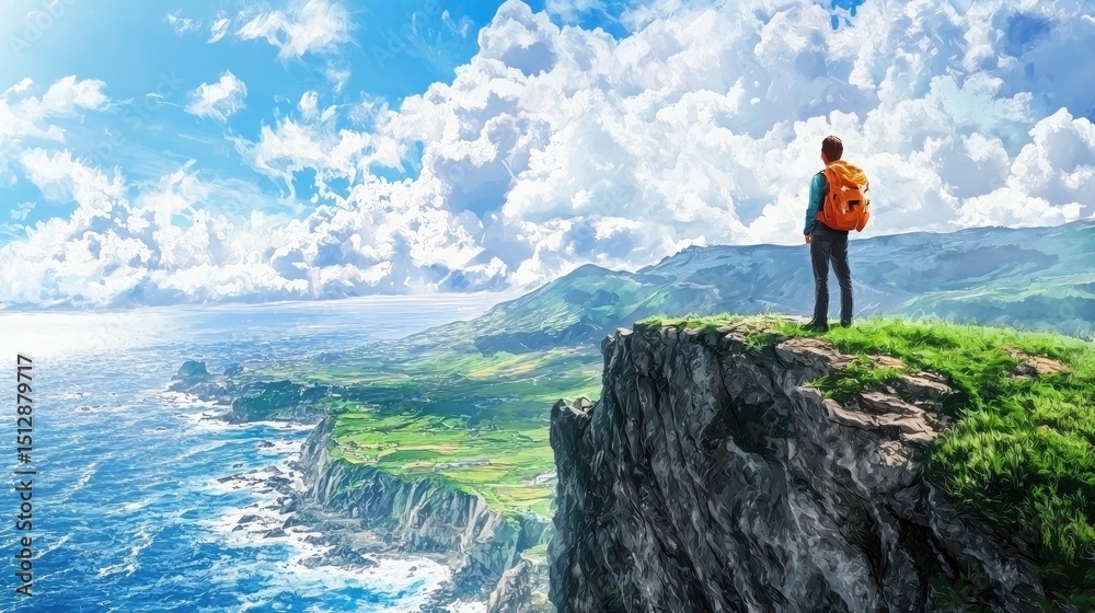 Obraz premium A backpacker standing at the edge of a cliff, gazing at the horizon during an X-travel journey.