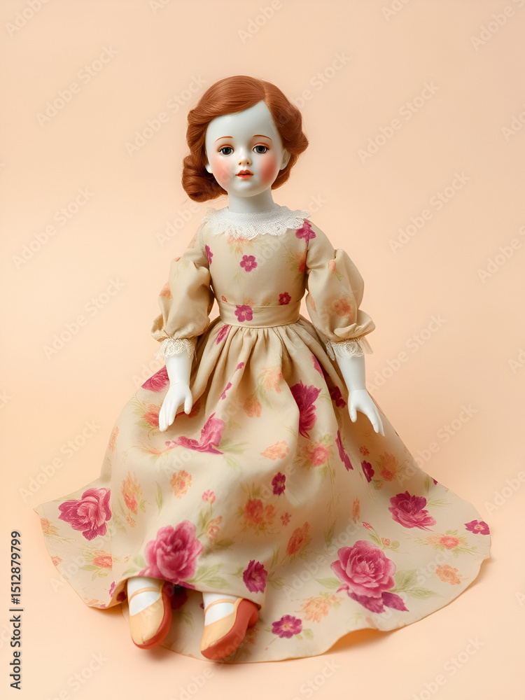 Fototapeta premium Vintage porcelain doll dressed in a floral-patterned gown sitting gracefully on a neutral background