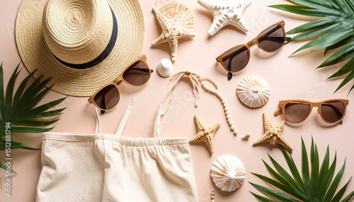 Summer Elements Collection – Hand-drawn and Colorful Tropical Icons Including Sun, Palm Trees, Ice Cream, Sunglasses, Flip Flops, Beach Items, and Travel Symbols

