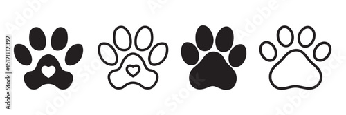 Pet paw icon set. Footprints, cat or dog paw icon silhouette vector illustration. Paw icon outline. Vector illustration.