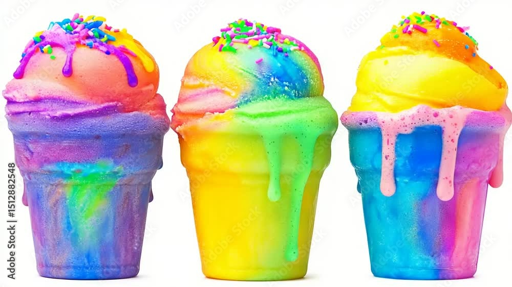 Eye-Catching Triplet Ice Cream Cones Bursting with Rainbow Colors and Sprinkles