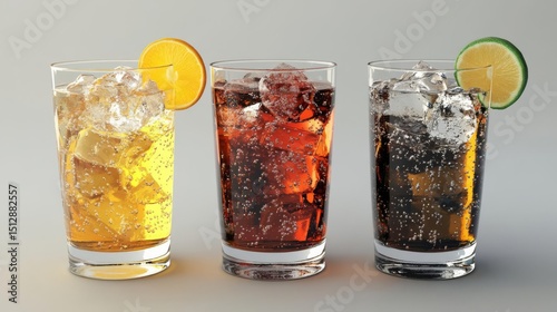 Trio of Refreshing Ice, Fizzy Drinks, Citrus Garnish: Carbonated Beverages