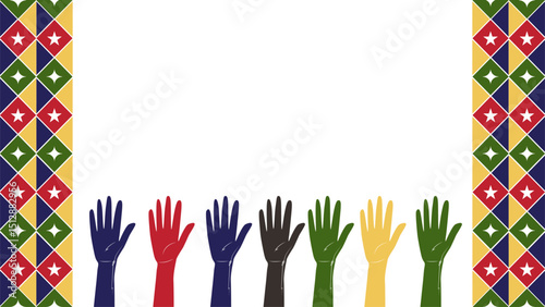 Juneteenth Freedom Day. Multiracial Hands Raised with African Juneteenth Banner Design