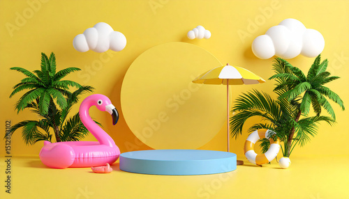 Summer Sale Podium with Pink Flamingo Inflatable Pool and Coconut Trees – Tropical Promotional Display for Summer Marketing and Outdoor Event Presentation