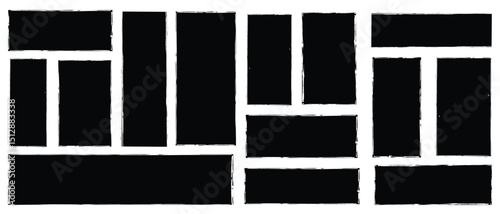 Set of rectangular grunge template backgrounds. Black square shapes with ripped jagged borders on white background. Vintage grunge boxes for collage, text, banner, sticker - Stock vector