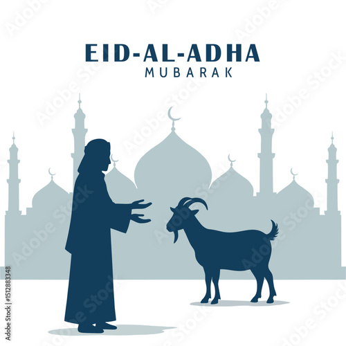 Eid al-Adha Mubarak with Man, Goat, and Mosque Silhouette