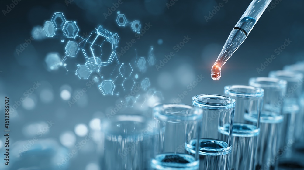 Scientific Research Pipette Dispensing Liquid into Test Tubes with Molecular Structures Scientific Research Pipette Dispensing Liquid into Test Tubes with Molecular Structures
