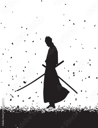 The_Samurai_Pose_with_A_Katana_Sword_and_sakura flower fall down