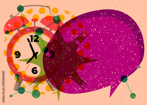 Risograph Alarm Clock with speech bubble with geometric shapes. Objects in trendy riso graph print texture style design with geometry elements.