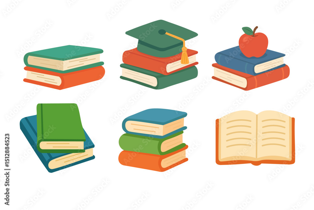 Cartoon vector set with different books, graduation cap and apple. Flat illustration for school and education projects.