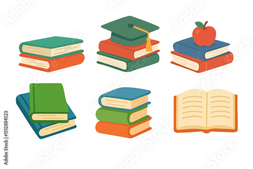 Cartoon vector set with different books, graduation cap and apple. Flat illustration for school and education projects.