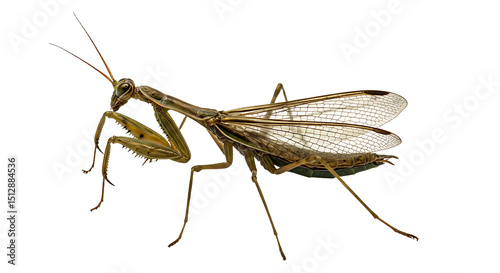 Detailed Praying Mantis with Translucent Wings and Spiked Forelegs photo