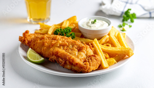 Fish and Chips on White Plate – Classic Fried Seafood Dish on White Table Background
