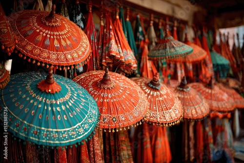 Vibrant Parasols and Ornamentations in a Colorful Marketplace photo