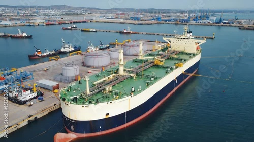 Large cargo ship docks at busy industrial port with multiple vessels and storage tanks in view